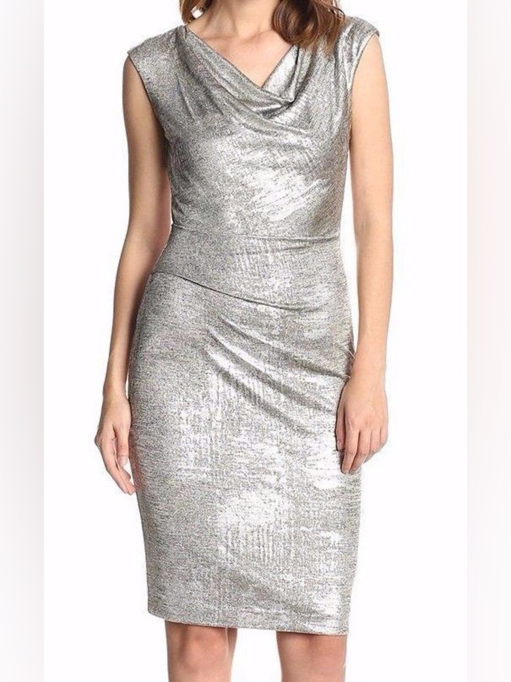 Vince Camuto Metallic Silver Cowl Neck Sheath Dress Ruched Cocktail Sz 10